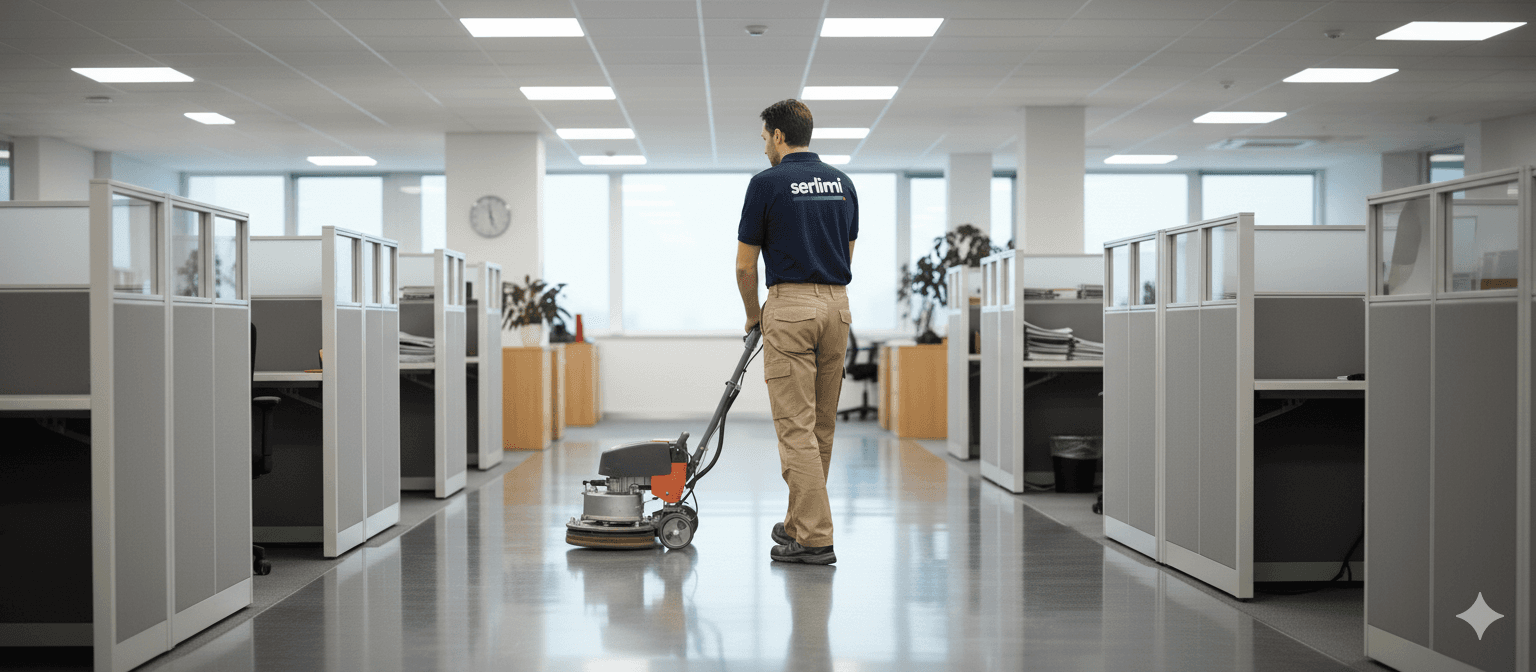 Servicio de limpieza profesional - Hombre limpiando oficina con pulidora